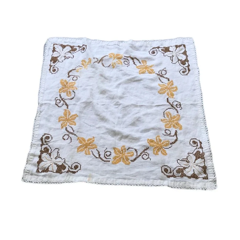 Vtg. Linen Table/Dresser Scarf Embroidered Cross Stitched Flowers White Yellow